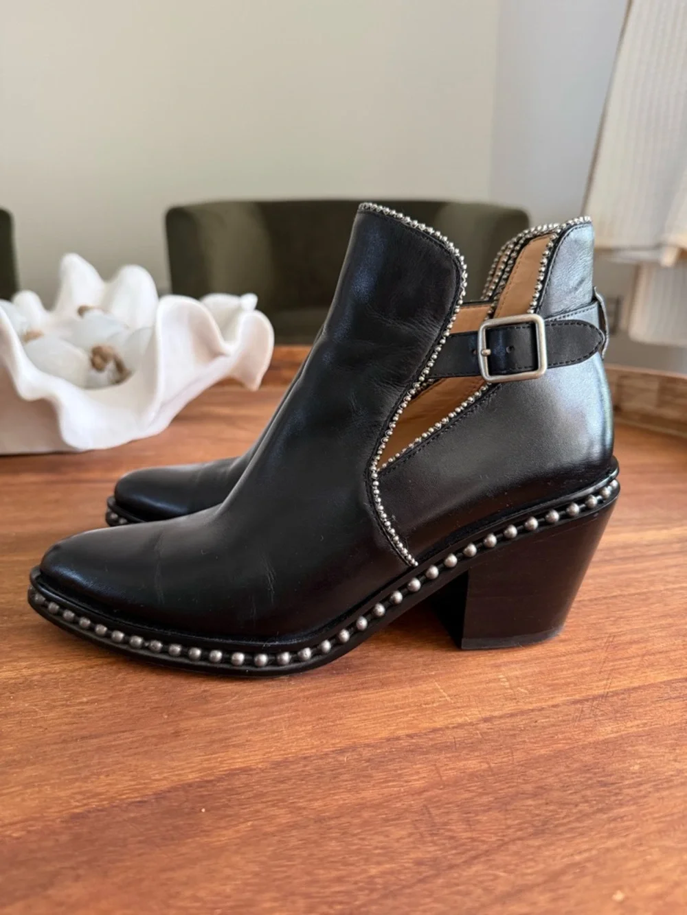 Coach Black Leather Studded Cutout Ankle Boots - Picture 3 of 4